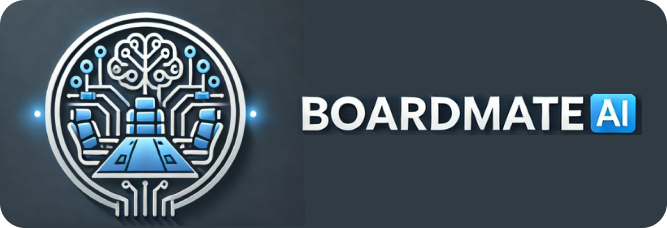 BoardmateAI logo featuring a stylized circuit board design with a central table and boardroom elements.