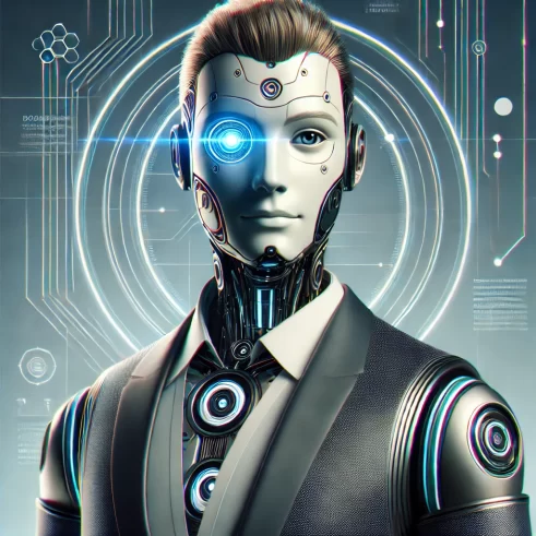 A futuristic robot with human-like features representing BoardmateAI, embodying the role of a financial analyst.